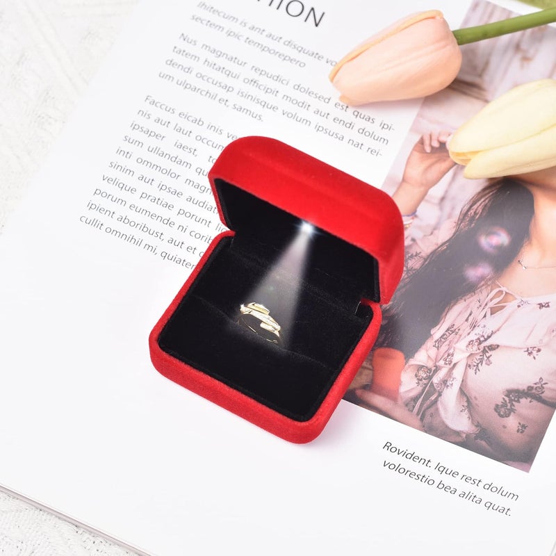 Omeet Velvet Metal Glossy with LED Jewelry Gift Box for Proposal, Engagement, Wedding - Easy to fit into Your Pocket or Handbag - Red - Image 2