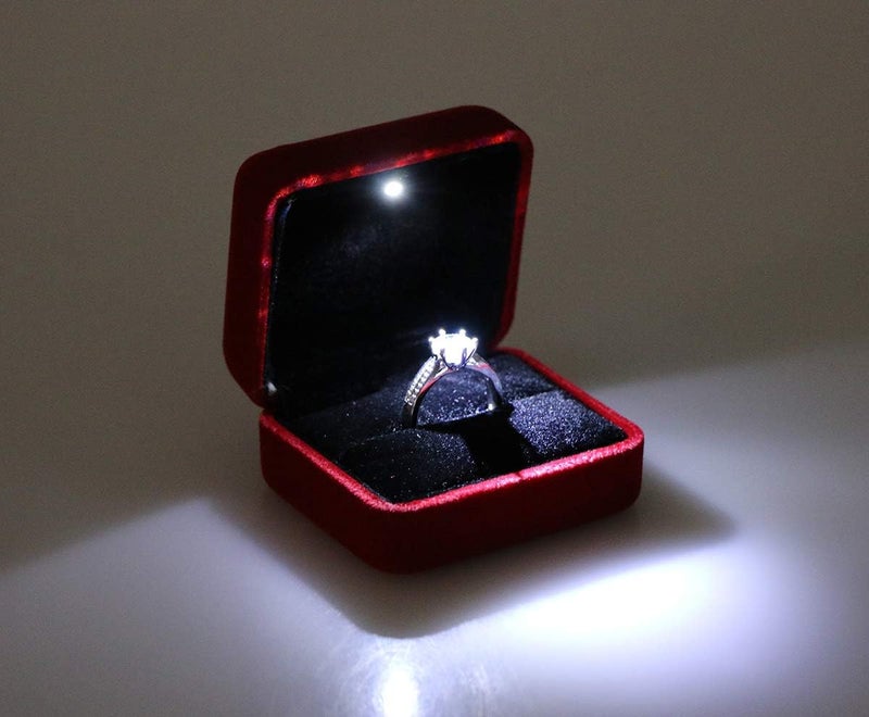 Omeet Velvet Metal Glossy with LED Jewelry Gift Box for Proposal, Engagement, Wedding - Easy to fit into Your Pocket or Handbag - Red - Image 5