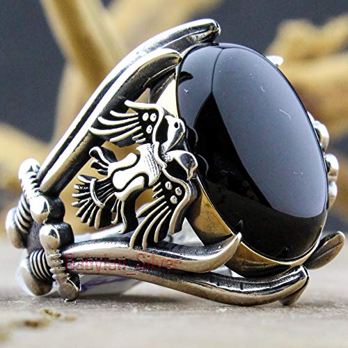 Babylon Silver خاتم رجال نسر فاخر مصنوع يدويًا من الفضة الإسترلينية 925 مع حجر الأونيكس (7) - Image 2