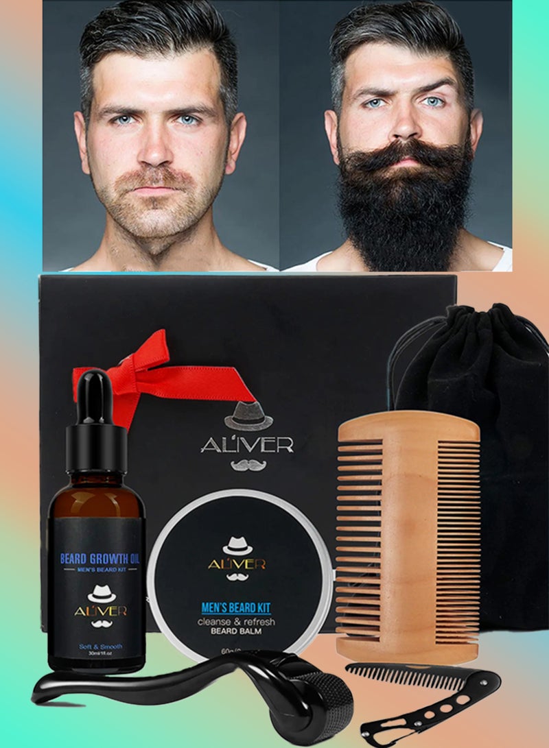 ALIVER Beard Growth Kit with Beard Growth Oil Beard Balm and Beard Roller for Men care Beard Trimming Kit with Comb Beard Growth Serum with Microneedle Roller Beard Regrowth Beard Grooming Kit  - Image 1