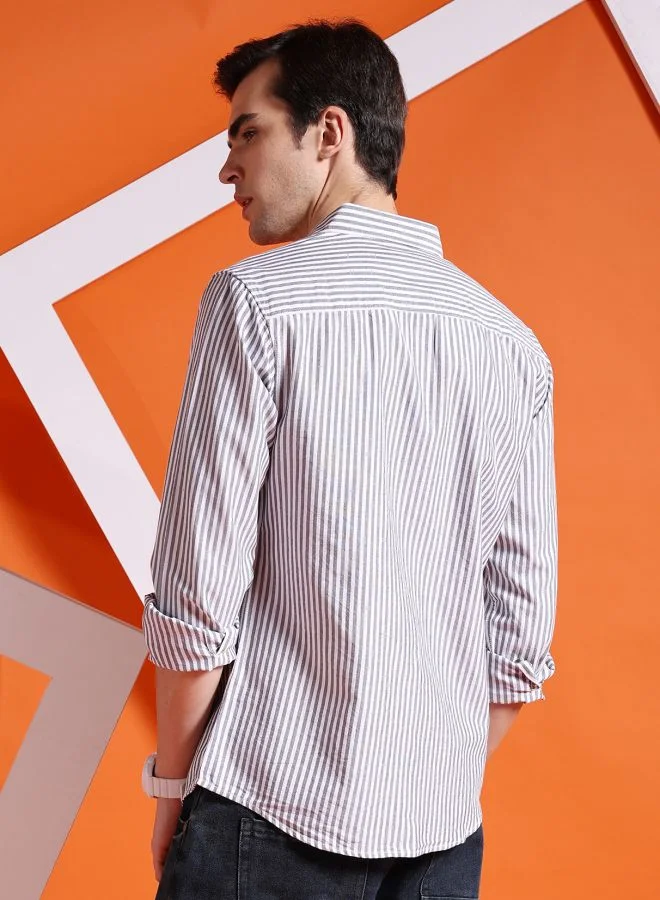 The Indian Garage Co Men Slim Fit Striped Full Sleeves Cutaway Collar Casual Shirt