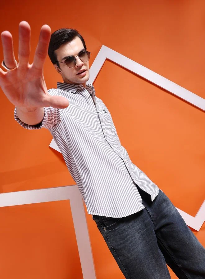 The Indian Garage Co Men Slim Fit Striped Full Sleeves Cutaway Collar Casual Shirt