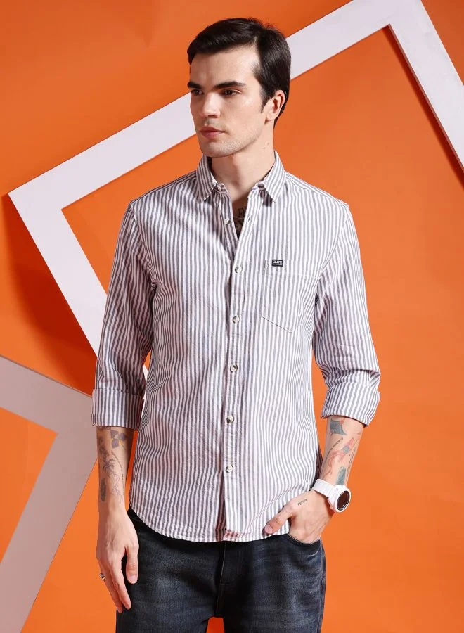The Indian Garage Co Men Slim Fit Striped Full Sleeves Cutaway Collar Casual Shirt