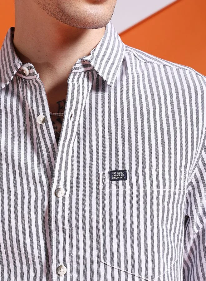 The Indian Garage Co Men Slim Fit Striped Full Sleeves Cutaway Collar Casual Shirt