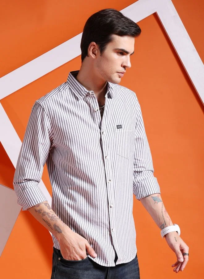 The Indian Garage Co Men Slim Fit Striped Full Sleeves Cutaway Collar Casual Shirt