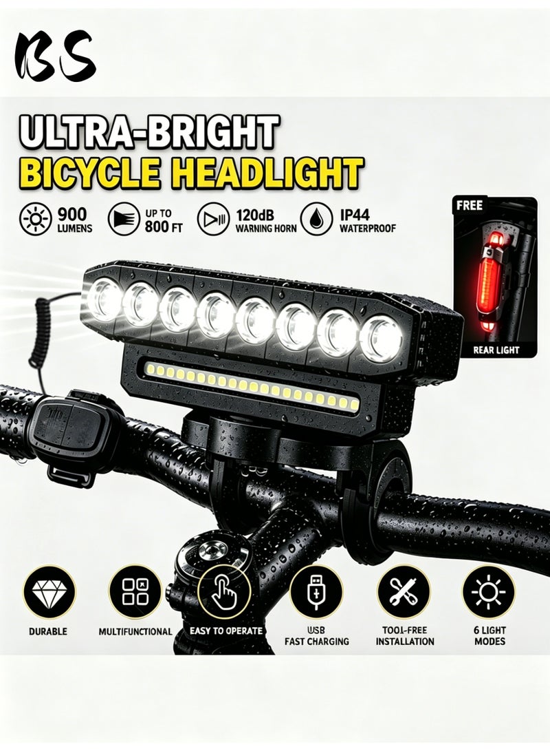BS Bicycle Lights | High-Lumen Ultra-Bright LED Front & Rear Bike Light Set | 6 Modes, Built-in Horn, USB Rechargeable, Waterproof | Suitable for Adults & Children | Ideal for Road, Mountain, and Night Riding | Portable Bike Safety Lights — Rechargeable Horn Bicycle Lights - Image 1