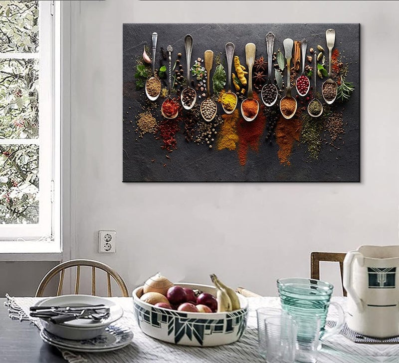 EMODA Kitchen Wall Art Colorful Spices and Herbs in Spoons Canvas Print Framed Food Poster Dining Room Kitchen Wall Decor Vibrant Home Artwork 16"x24" - Image 4