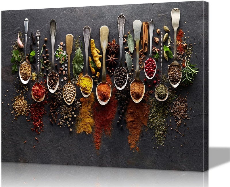 EMODA Kitchen Wall Art Colorful Spices and Herbs in Spoons Canvas Print Framed Food Poster Dining Room Kitchen Wall Decor Vibrant Home Artwork 16"x24" - Image 1