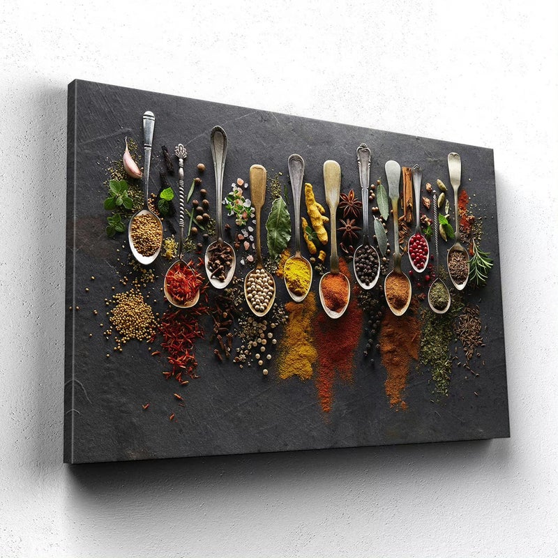 EMODA Kitchen Wall Art Colorful Spices and Herbs in Spoons Canvas Print Framed Food Poster Dining Room Kitchen Wall Decor Vibrant Home Artwork 16"x24" - Image 2