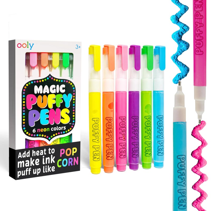 Ooly Puffy Paint Neon Gel Pens Set of 6, 3D Foam Texture Painting Magic Puffy Pen, Creative and Fun Pens for Kids Arts and Crafts Drawing Supplies - Image 1