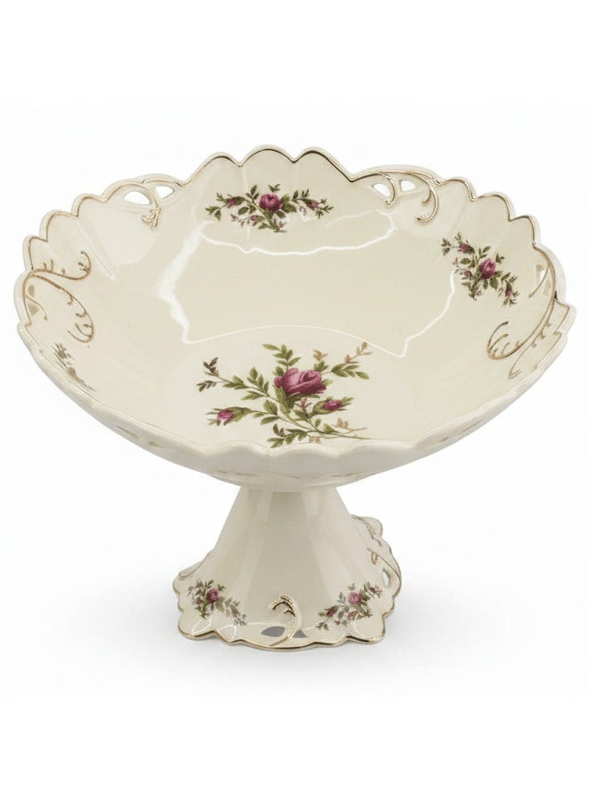 AKDC Angela Premium Round 30x12cm, Footed Ceramic Fruit Serving Bowl with Floral Design Centerpiece Bowl - Image 2