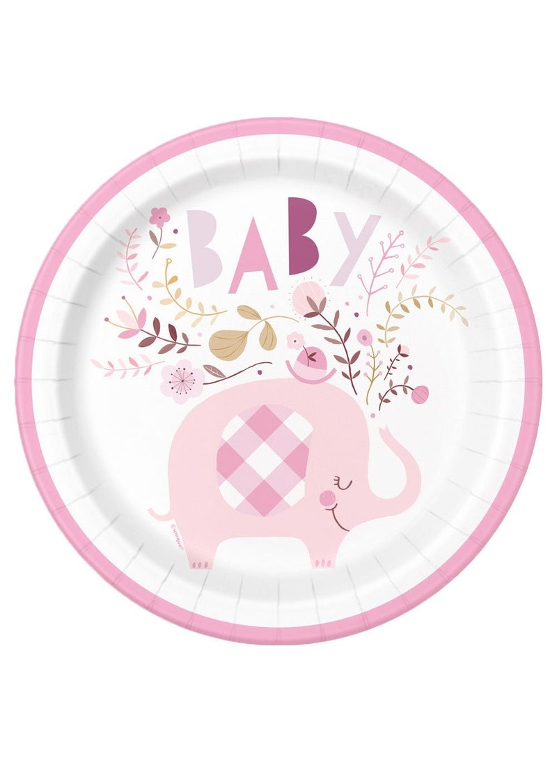يونيك أطباق ورقية للاستخدام مرة واحدة بتصميم فيل لحفل استقبال المولود، وردية اللون، مقاس 22 سم، عبوة من 8 قطع - Image 1