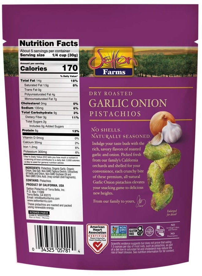 Setton Farms Naturally Seasoned Pistachio Kernels, Garlic Onion, No Shell Pistachios, Certified Non-GMO, Gluten Free, Vegan and Kosher, 5 oz Resealable Pouch - Image 2