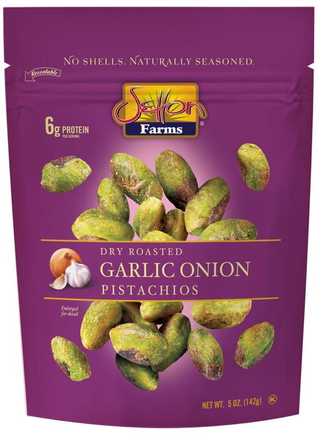 Setton Farms Naturally Seasoned Pistachio Kernels, Garlic Onion, No Shell Pistachios, Certified Non-GMO, Gluten Free, Vegan and Kosher, 5 oz Resealable Pouch - Image 1