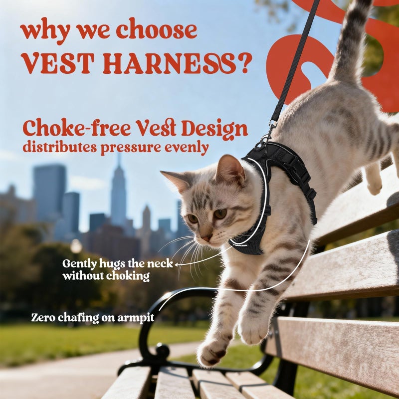 rabbitgoo Cat Harness and Leash for Walking, Escape Proof Soft Adjustable Vest Harnesses for Cats, Easy Control Breathable Reflective Strips Jacket, Black, XS - Image 3