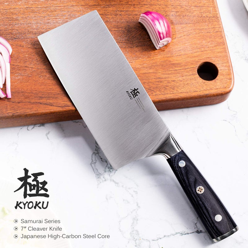 KYOKU Samurai Series - 7" Cleaver Knife - Full Tang - Japanese High Carbon Steel Kitchen Knives - Pakkawood Handle with Mosaic Pin - with Sheath & Case - Image 2