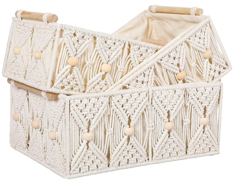 Antikiano Boho Storage Baskets for Organizing Macrame Decorative Hand Woven Storage Bins with Natural Wooden Handles Beads Box Cotton Rope Wicker Boxes Set for Tabletop Shelf Bathroom (Ivory, Pack of 3) - Image 1