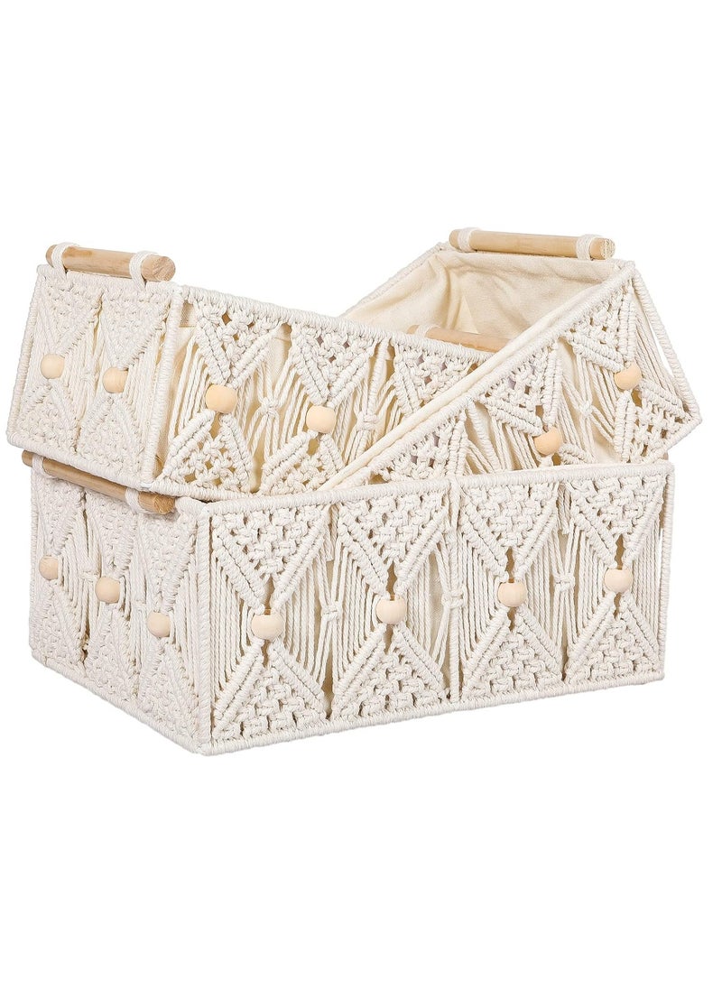 Antikiano Boho Storage Baskets for Organizing Macrame Decorative Hand Woven Storage Bins with Natural Wooden Handles Beads Box Cotton Rope Wicker Boxes Set for Tabletop Shelf Bathroom (Ivory, Pack of 3)  - Image 1