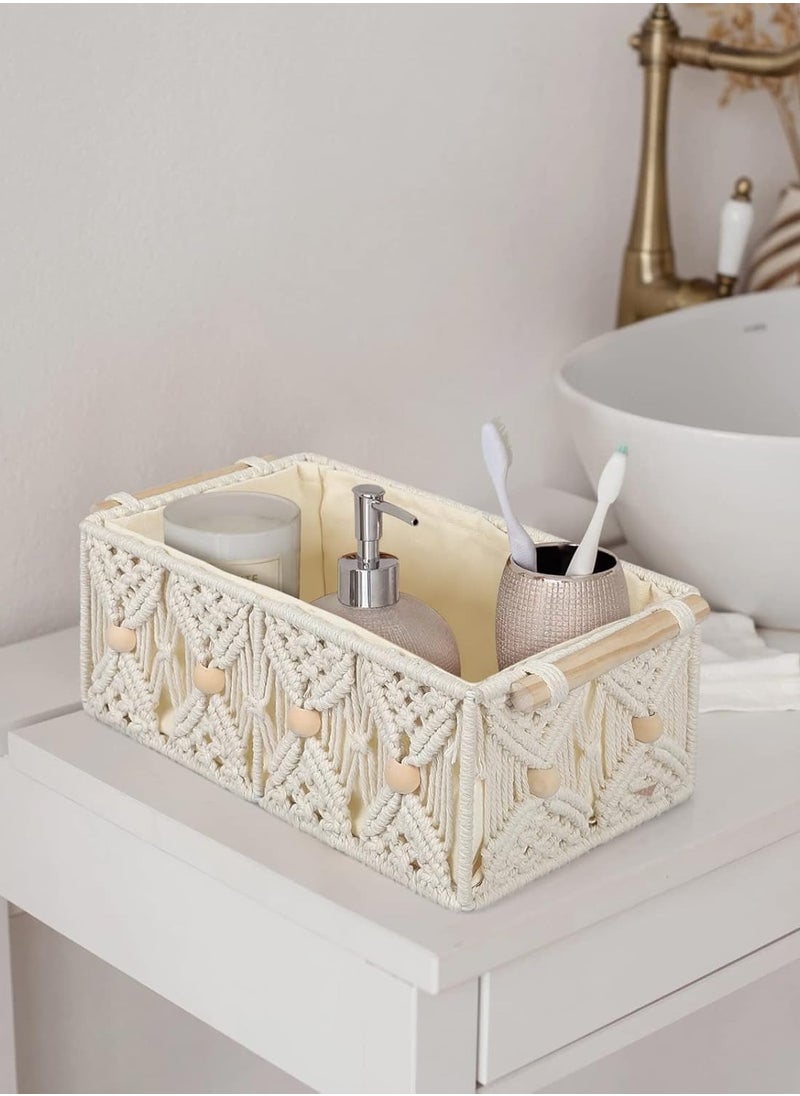 Antikiano Boho Storage Baskets for Organizing Macrame Decorative Hand Woven Storage Bins with Natural Wooden Handles Beads Box Cotton Rope Wicker Boxes Set for Tabletop Shelf Bathroom (Ivory, Pack of 3)  - Image 4