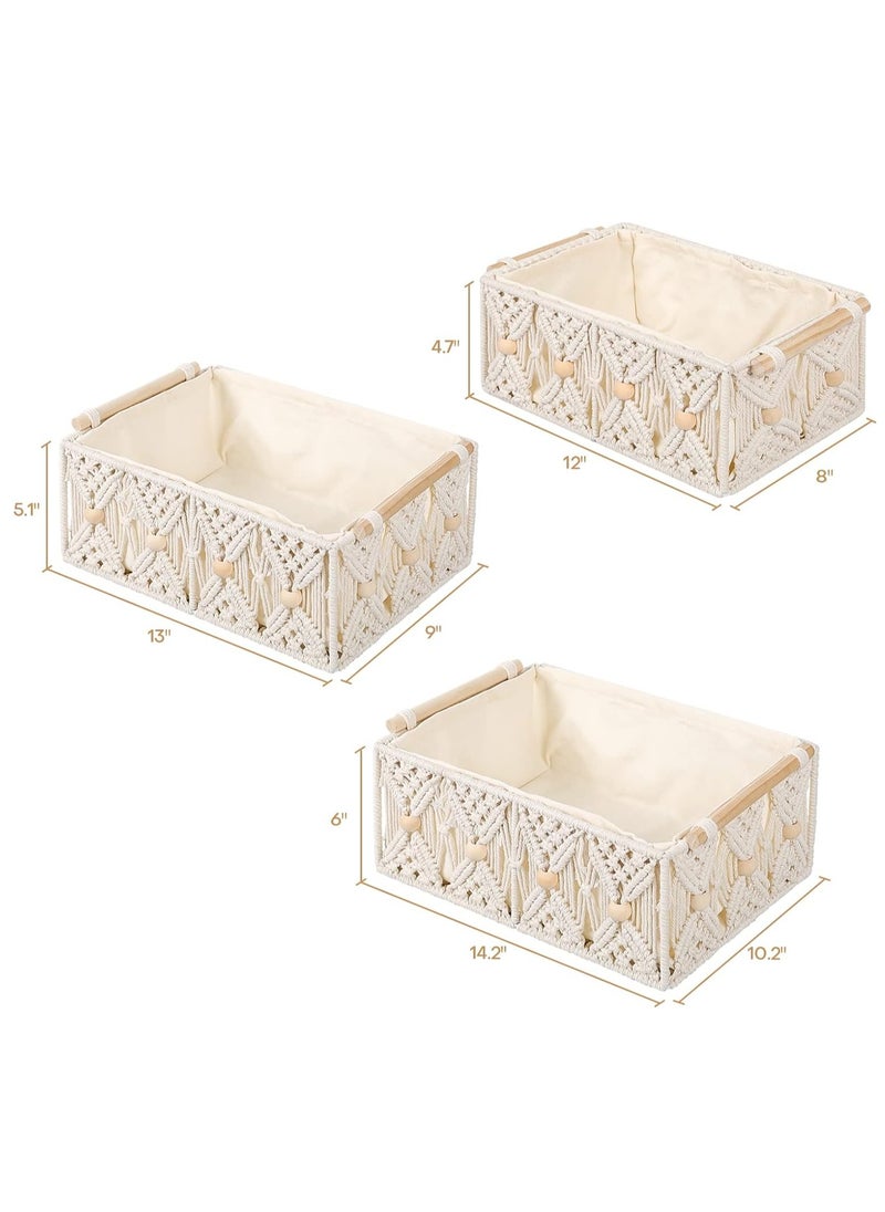 Antikiano Boho Storage Baskets for Organizing Macrame Decorative Hand Woven Storage Bins with Natural Wooden Handles Beads Box Cotton Rope Wicker Boxes Set for Tabletop Shelf Bathroom (Ivory, Pack of 3)  - Image 2