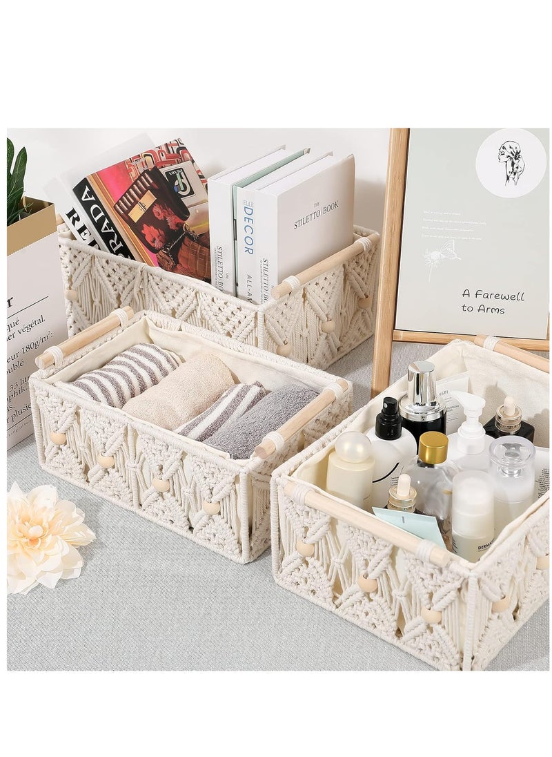 Antikiano Boho Storage Baskets for Organizing Macrame Decorative Hand Woven Storage Bins with Natural Wooden Handles Beads Box Cotton Rope Wicker Boxes Set for Tabletop Shelf Bathroom (Ivory, Pack of 3)  - Image 3