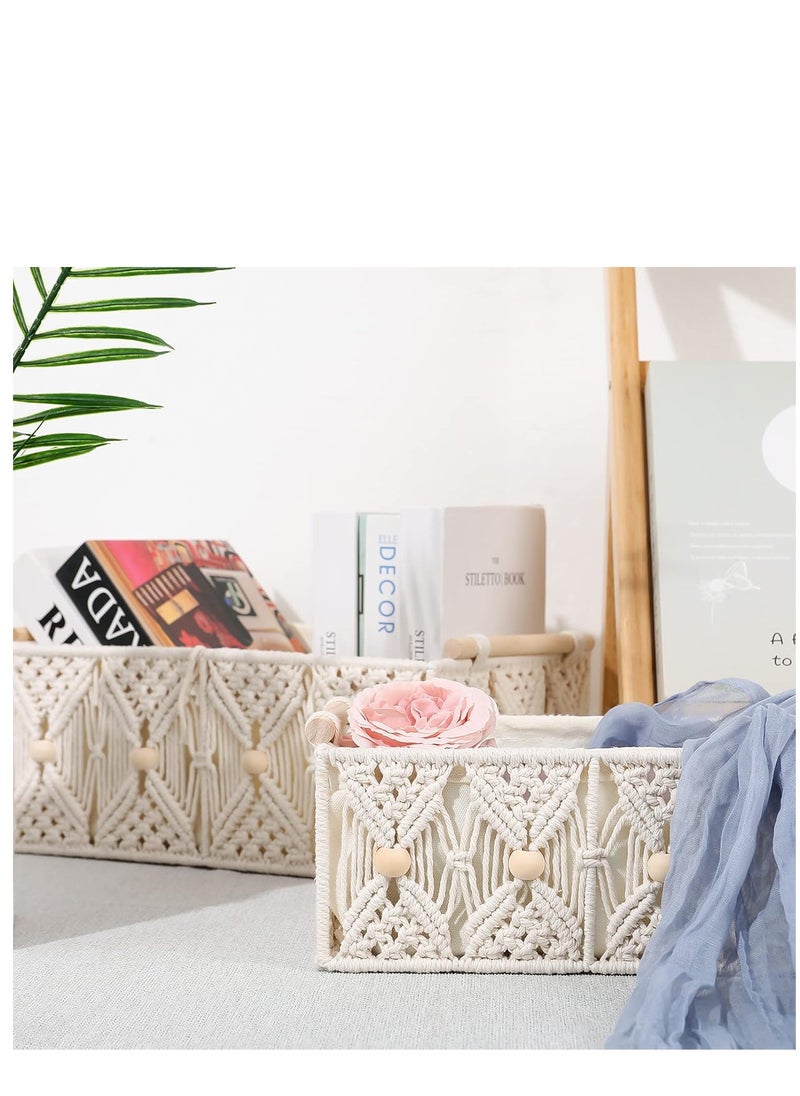 Antikiano Boho Storage Baskets for Organizing Macrame Decorative Hand Woven Storage Bins with Natural Wooden Handles Beads Box Cotton Rope Wicker Boxes Set for Tabletop Shelf Bathroom (Ivory, Pack of 3)  - Image 5