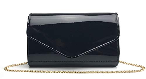 HOXIS Glossy Envelope Evening Clutch Faux Patent Leather Women Chain Shoulder Bag Solid Color Purse (Black) - Image 2