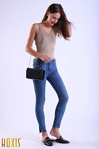 HOXIS Glossy Envelope Evening Clutch Faux Patent Leather Women Chain Shoulder Bag Solid Color Purse (Black) - Image 3