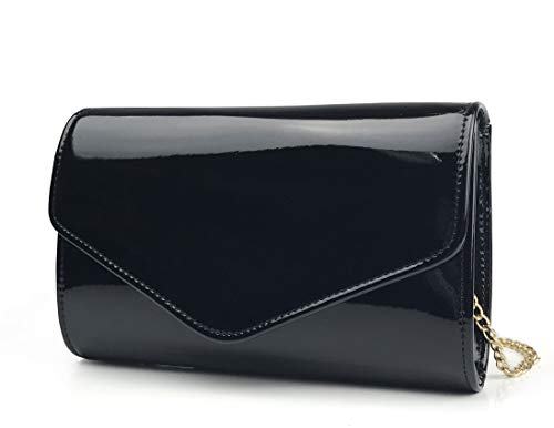 HOXIS Glossy Envelope Evening Clutch Faux Patent Leather Women Chain Shoulder Bag Solid Color Purse (Black) - Image 1
