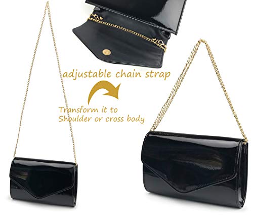 HOXIS Glossy Envelope Evening Clutch Faux Patent Leather Women Chain Shoulder Bag Solid Color Purse (Black) - Image 5