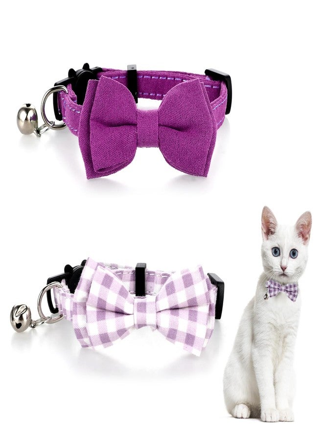 Sliverdew 2 Pcs Kitten Collar with Bell Cute Cat Collar for Girl Cats Breakaway Bowtie Cat Collars Adjustable Small Puppy Safety Collar Solid Color Plaid Pet Collar (Purple) - Image 1