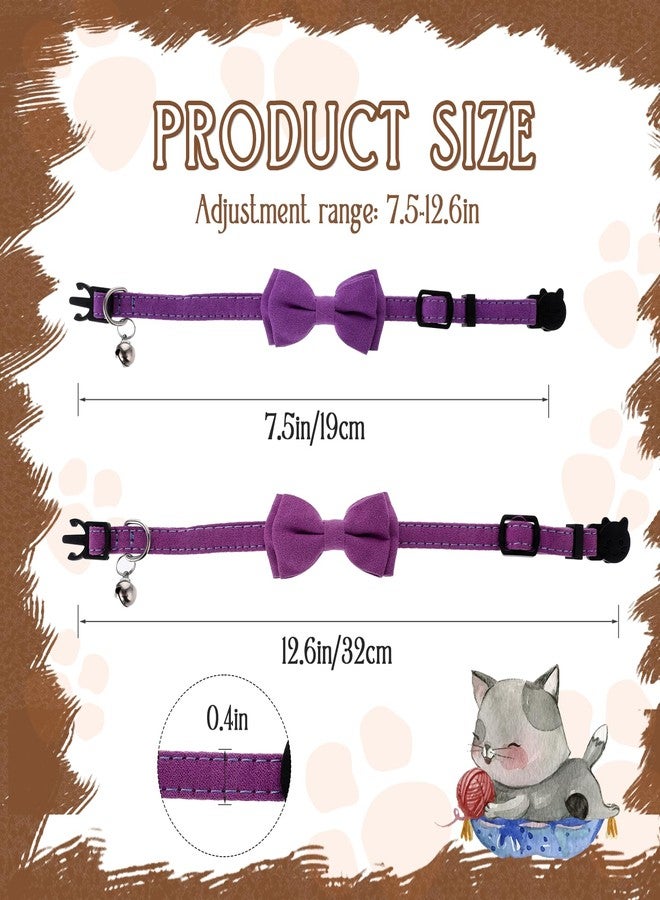 Sliverdew 2 Pcs Kitten Collar with Bell Cute Cat Collar for Girl Cats Breakaway Bowtie Cat Collars Adjustable Small Puppy Safety Collar Solid Color Plaid Pet Collar (Purple) - Image 2