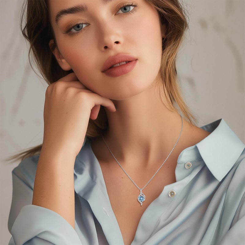 FANCIME March Birthstone Necklace for Women Round Aquamarine Necklace S925 Sterling Silver full Love Birthday Gifts for Mom Women, 16"+2" Inches - Image 4