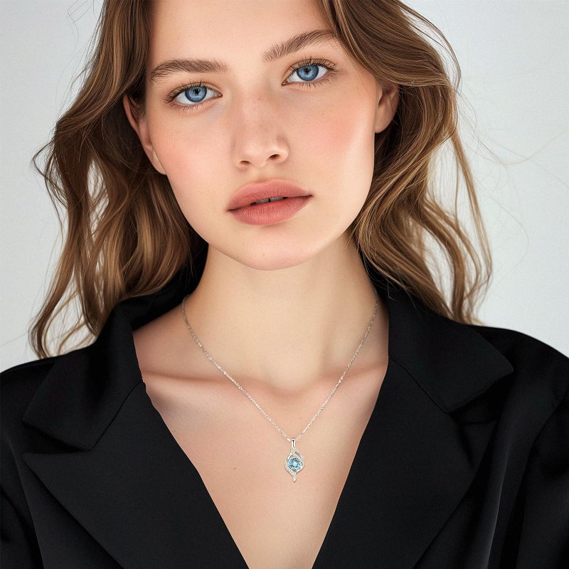 FANCIME March Birthstone Necklace for Women Round Aquamarine Necklace S925 Sterling Silver full Love Birthday Gifts for Mom Women, 16"+2" Inches - Image 3