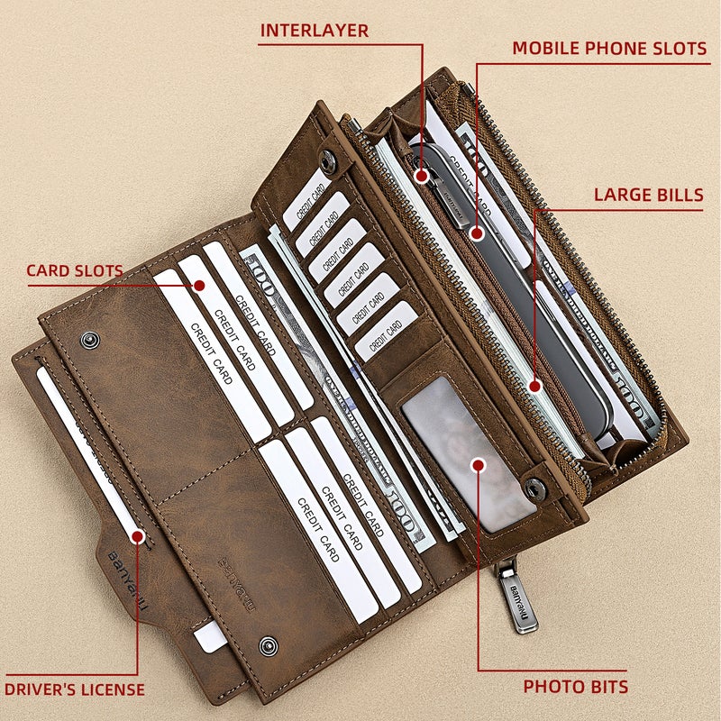 banyanu Large, Anti-theft Leather Wallet/Clutch/Long Style Genuine Leather Mobile Phone Wallet, Business Handbag, Card Holder, Travel Wallet, Unisex, Gift for Fathers and Husbands (Khaki) - Image 2