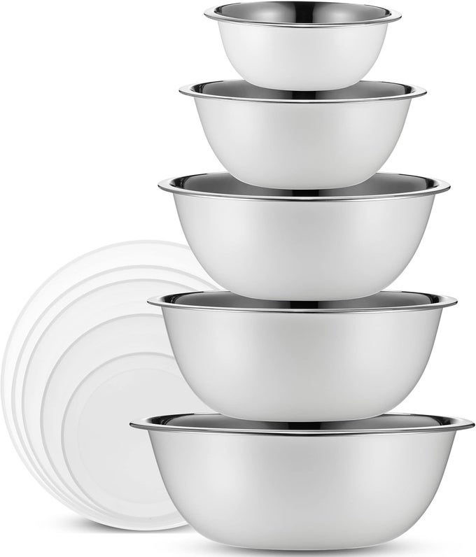 STAINLESS STEEL MIXING BOWL SET 10 PIECE STAINLESS STEEL MIXING BOWLS WITH LIDS SET FOR FOOD PREP STORAGE AND SERVING DISHWASHER SAFE MICROWAVE SAFE FOR KITCHEN BAKING COOKING WHITE