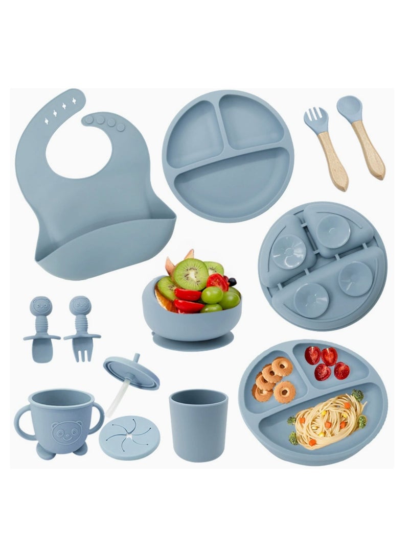 Premium Grey Blue 10 Piece Weaning Feeding Supplies for Toddlers! Bib+Plate+Suction Silicone Baby Bowls! Self Eating Utensils Set with Spoons, Bibs, Plate, Toddlers Spoon Set! Set of 10! - Image 2