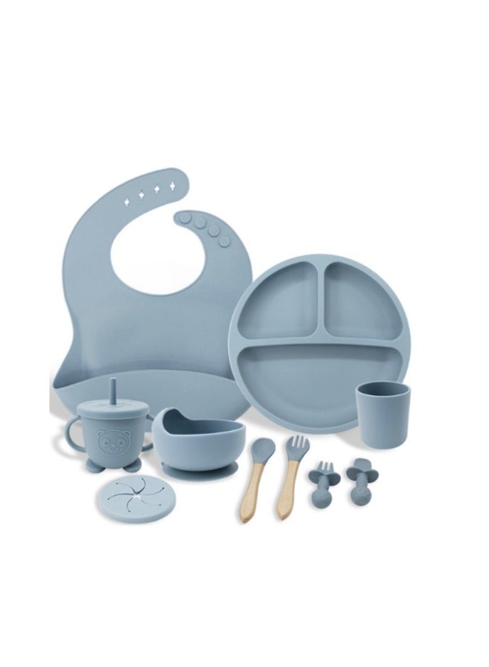 Premium Grey Blue 10 Piece Weaning Feeding Supplies for Toddlers! Bib+Plate+Suction Silicone Baby Bowls! Self Eating Utensils Set with Spoons, Bibs, Plate, Toddlers Spoon Set! Set of 10! - Image 3