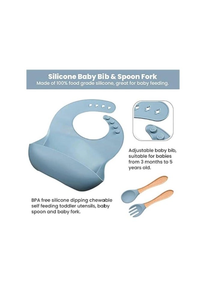 Premium Grey Blue 10 Piece Weaning Feeding Supplies for Toddlers! Bib+Plate+Suction Silicone Baby Bowls! Self Eating Utensils Set with Spoons, Bibs, Plate, Toddlers Spoon Set! Set of 10! - Image 4