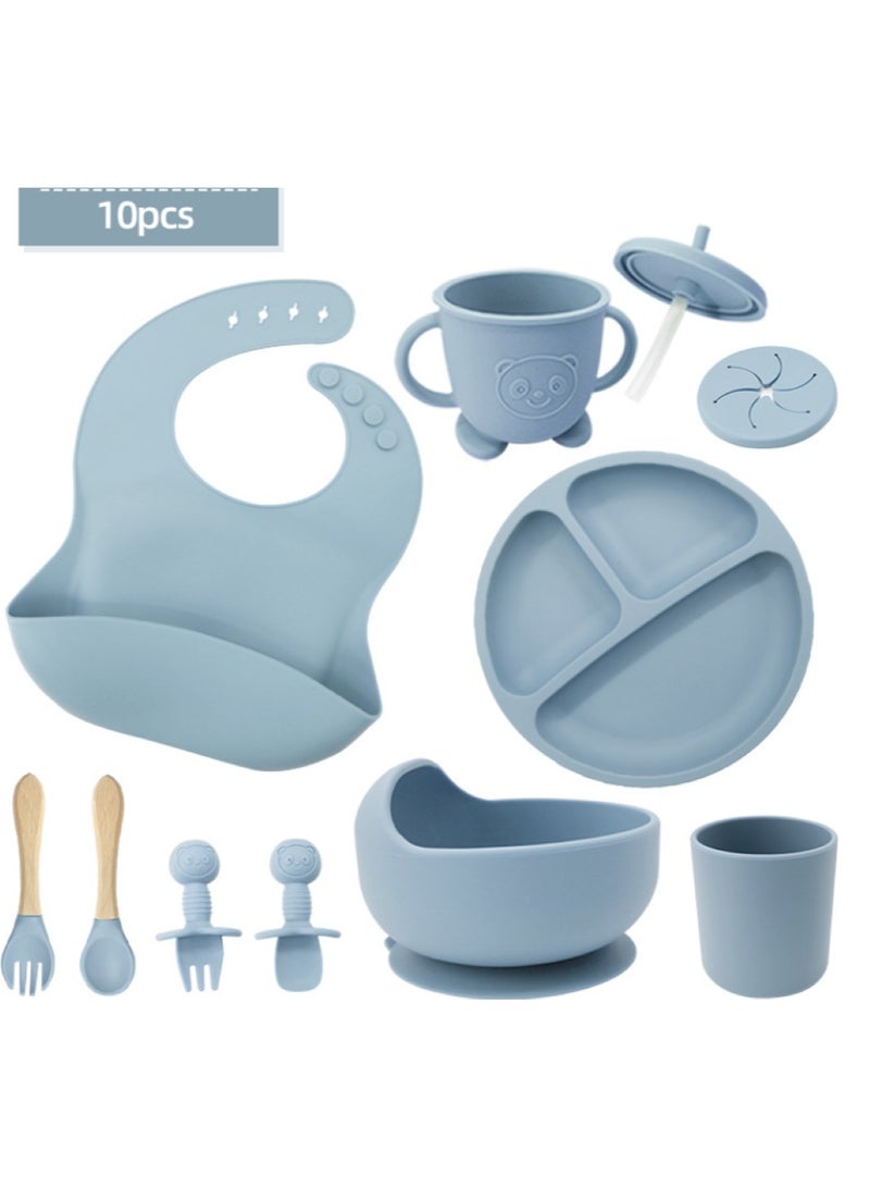 Premium Grey Blue 10 Piece Weaning Feeding Supplies for Toddlers! Bib+Plate+Suction Silicone Baby Bowls! Self Eating Utensils Set with Spoons, Bibs, Plate, Toddlers Spoon Set! Set of 10! - Image 1