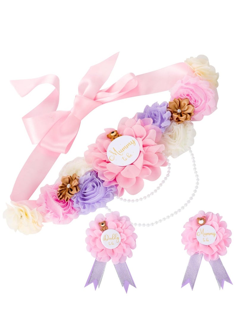 Excefore Teddy Bear Maternity Sash & to Be Corsage Pin Set, Maternity Sash Belt Mom to Be Daddy to Be Corsage Pins Baby Shower Decoration Pregnancy Photo Props Keepsake Gifts  - Image 1