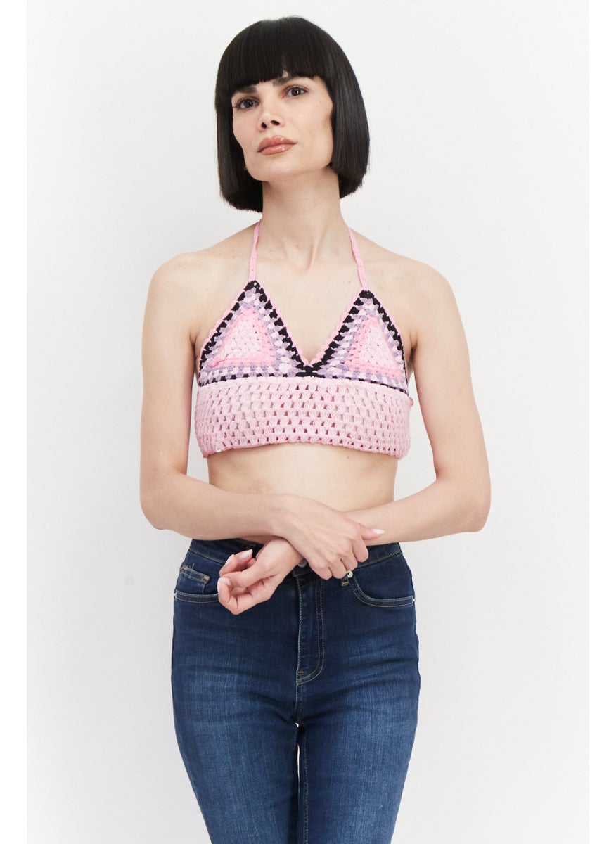 Don't Call Me Jennyfer - Women V-Neck Sleeveless Knitted Top, Pink Combo - Image 1