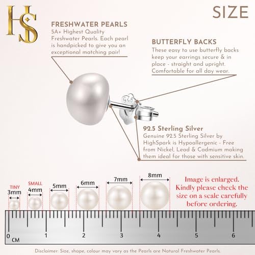 HIGHSPARK 925 Silver Pearl Earrings for Women | 92.5 Sterling Silver & Brilliant Lustre Freshwater Button Pearls | Lovely Gift | Pearl 7mm - Image 2