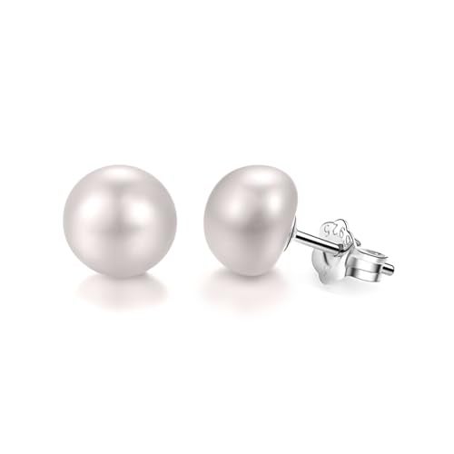 HIGHSPARK 925 Silver Pearl Earrings for Women | 92.5 Sterling Silver & Brilliant Lustre Freshwater Button Pearls | Lovely Gift | Pearl 7mm - Image 1