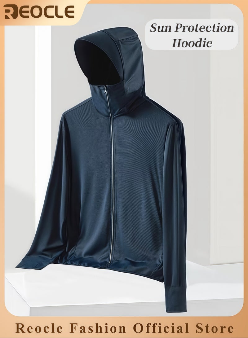 REOCLE Men's Lightweight Sun Protection Clothing Long-sleeved Ice Silk Hooded Shirts Anti-UV Fishing Outdoor Clothes for Men - Image 1
