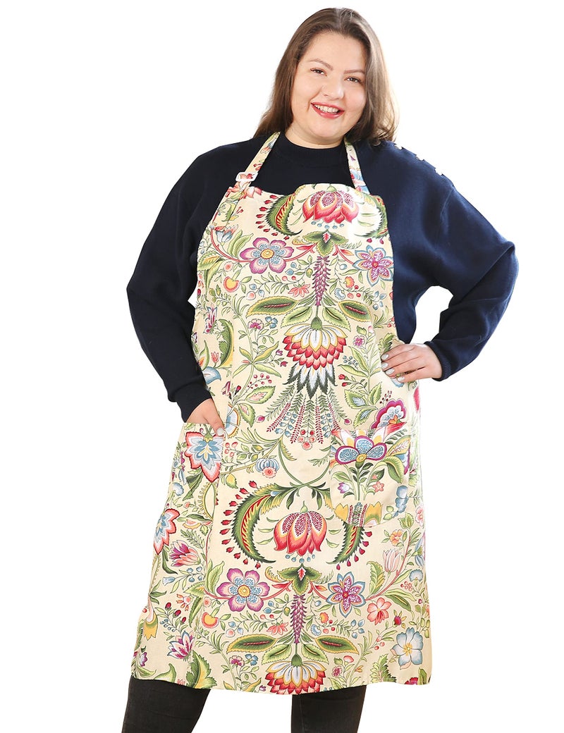 APRONNER Cotton Linen Baking Plus Size Aprons for Women with Pockets Kitchen Cooking Yellow Flowers - Image 1