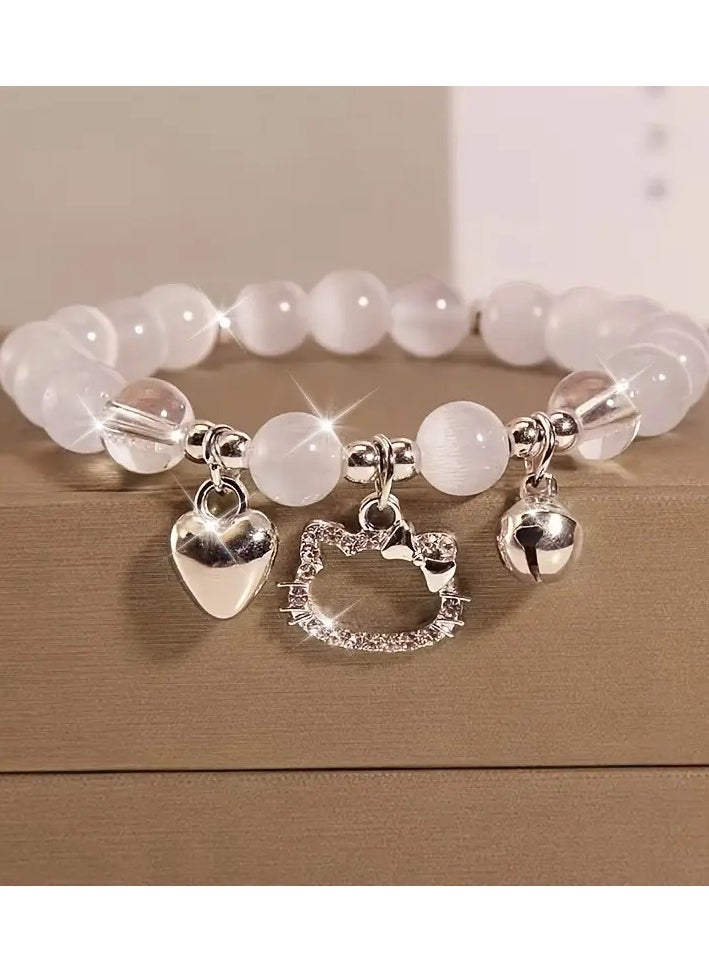 Goolsky Cat Heart Bell Style Beaded Elastic Bracelet, with Heart-Shaped Pendant, Cute Cartoon, for Valentine'S Day, Birthday, Daily Occasion, Gift-Giving  - Image 1