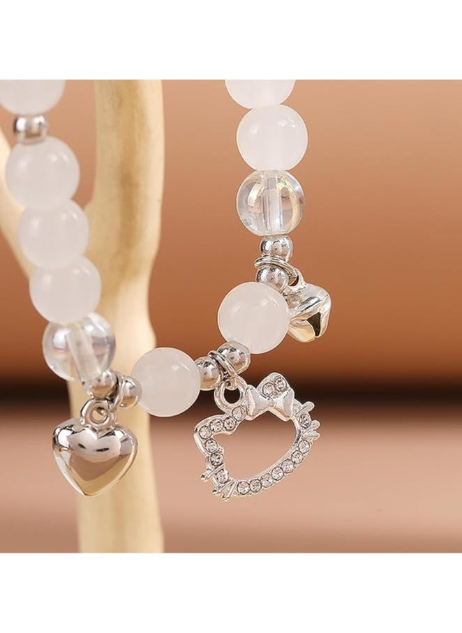 Goolsky Cat Heart Bell Style Beaded Elastic Bracelet, with Heart-Shaped Pendant, Cute Cartoon, for Valentine'S Day, Birthday, Daily Occasion, Gift-Giving  - Image 3