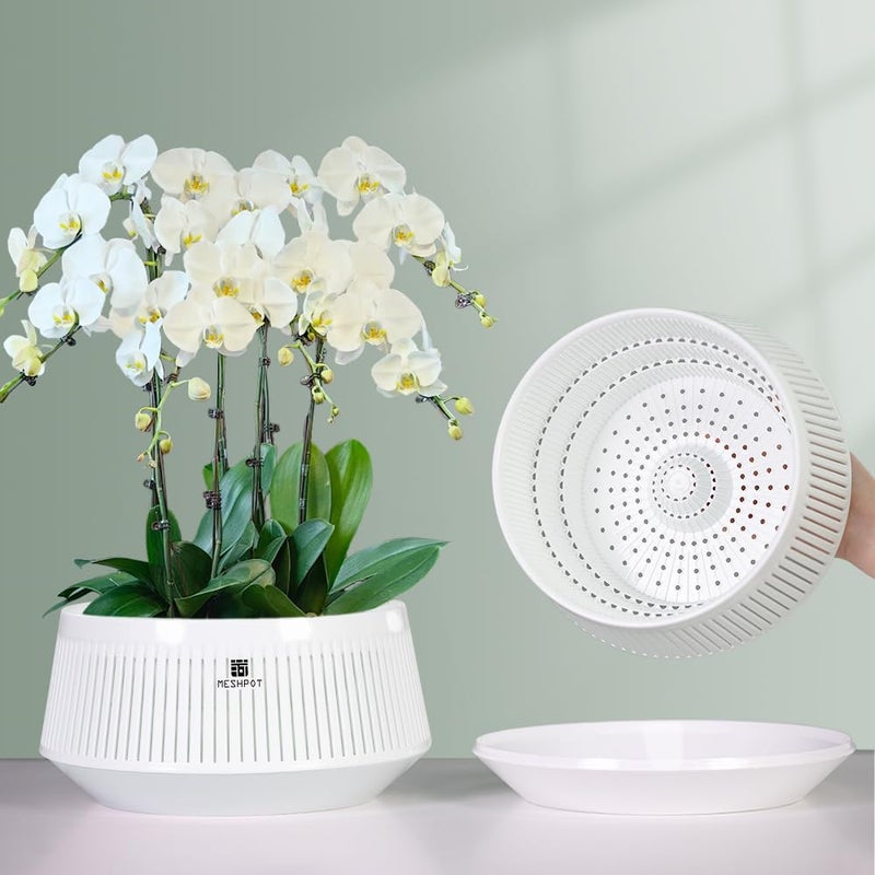 Meshpot 8 inch Orchid Pots with Holes for Repotting,Set of 1,Decorative African Violet Pots with Air-Pruning and Good Air Circulation,Plastic White Orchid Planter with Saucers - Image 1