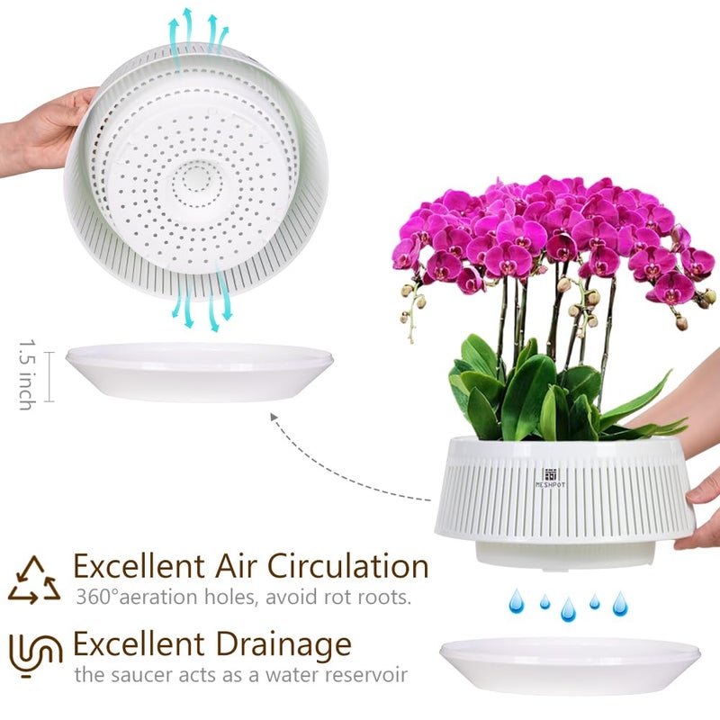 Meshpot 8 inch Orchid Pots with Holes for Repotting,Set of 1,Decorative African Violet Pots with Air-Pruning and Good Air Circulation,Plastic White Orchid Planter with Saucers - Image 3